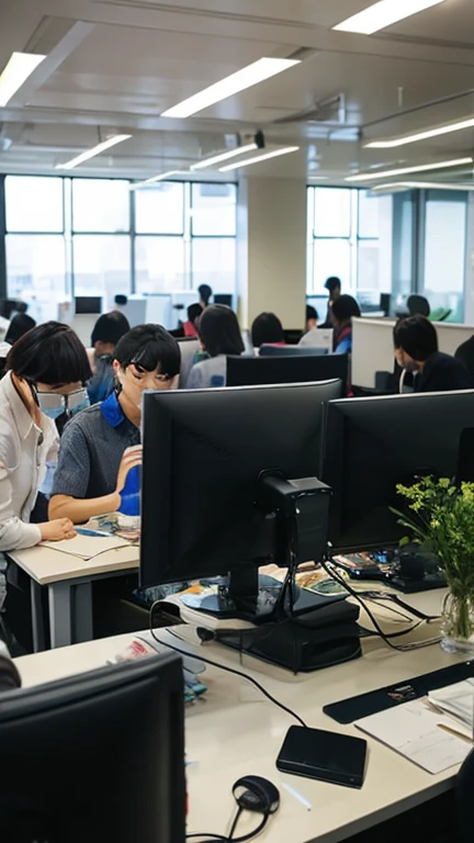 Inside the office。A large number of people working