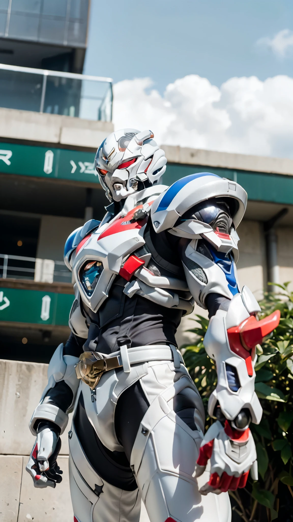 A man wearing a full-face helmet, a fantasy-style biotech armored combat suit, green eyes, (a composite layered chest armor), fully enclosed shoulder guards, matching arm and leg guards, the belt is adorned with fangs biting into gemstone, (the color scheme is primarily white with red and blue accents), the design balances heavy with agility, a high-tech bio-mecha armor, (Armor Concept Inspired by Bat, stand on the top of a skyscraper in a futuristic sci-fi city), this character embodies a finely crafted fantasy-surreal style armored hero in anime style, exquisite and mature manga art style, (battle damage, element, plasma, energy, the armor glows), ((male:1.5)), metallic, real texture material, dramatic, high definition, best quality, highres, ultra-detailed, ultra-fine painting, extremely delicate, professional, perfect body proportions, golden ratio, anatomically correct, symmetrical face, extremely detailed eyes and face, high quality eyes, creativity, RAW p