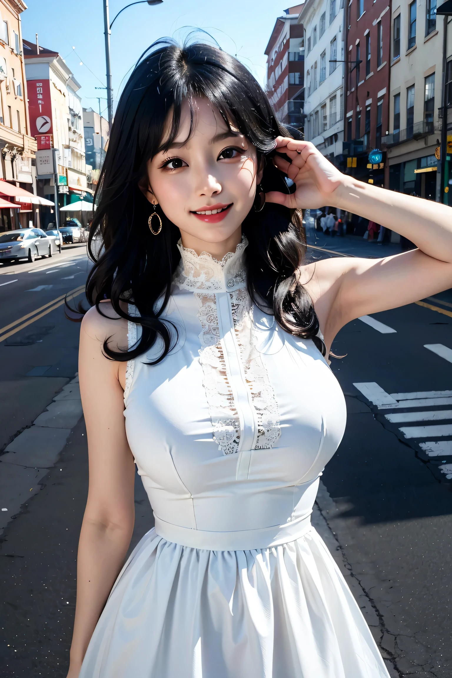 a woman posing on the street corner with White Dress on, highest quality, High resolution, 8k, 1people girl, (Huge breasts), Day, bright, Outdoor, (street:0.8), (people々, crowd:1), (lace trim dress:1.5, White clothes:1.5, White high neck dress:1.5, Sleeveless dress, White Dress: 1.5), nice, (Wavy Hair,Black Hair:1.5), Beautifully detailed skies, Beautiful earrings, (Dynamic pose:0.8), (Upper Body:1.2), Soft lighting, Wind, Shiny skin, View Viewer, smile, (Mouth closed:1.5),
