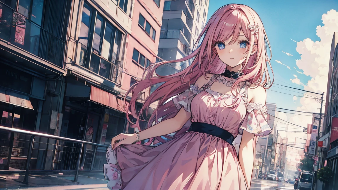 Anime Girls, beautiful, Pink Hair, blue eyes, ojos beautifuls y definidos, modern pink dress, On the background of the city, beautiful, Highly detailed graphics, Modern style art