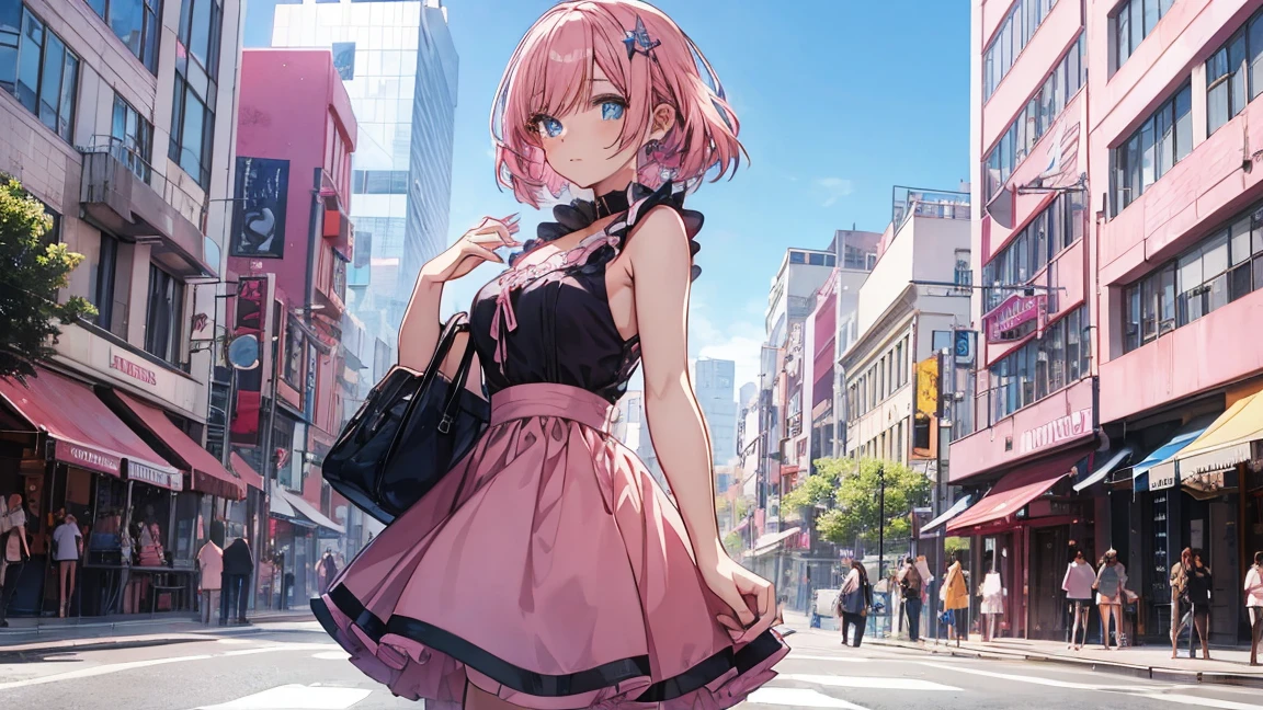 an anime girl, beautiful, pink hair, blue eyes, ojos beautifuls y definidos, modern pink dress, in the background of the city, beautiful, very detailed graphics, modern style art
