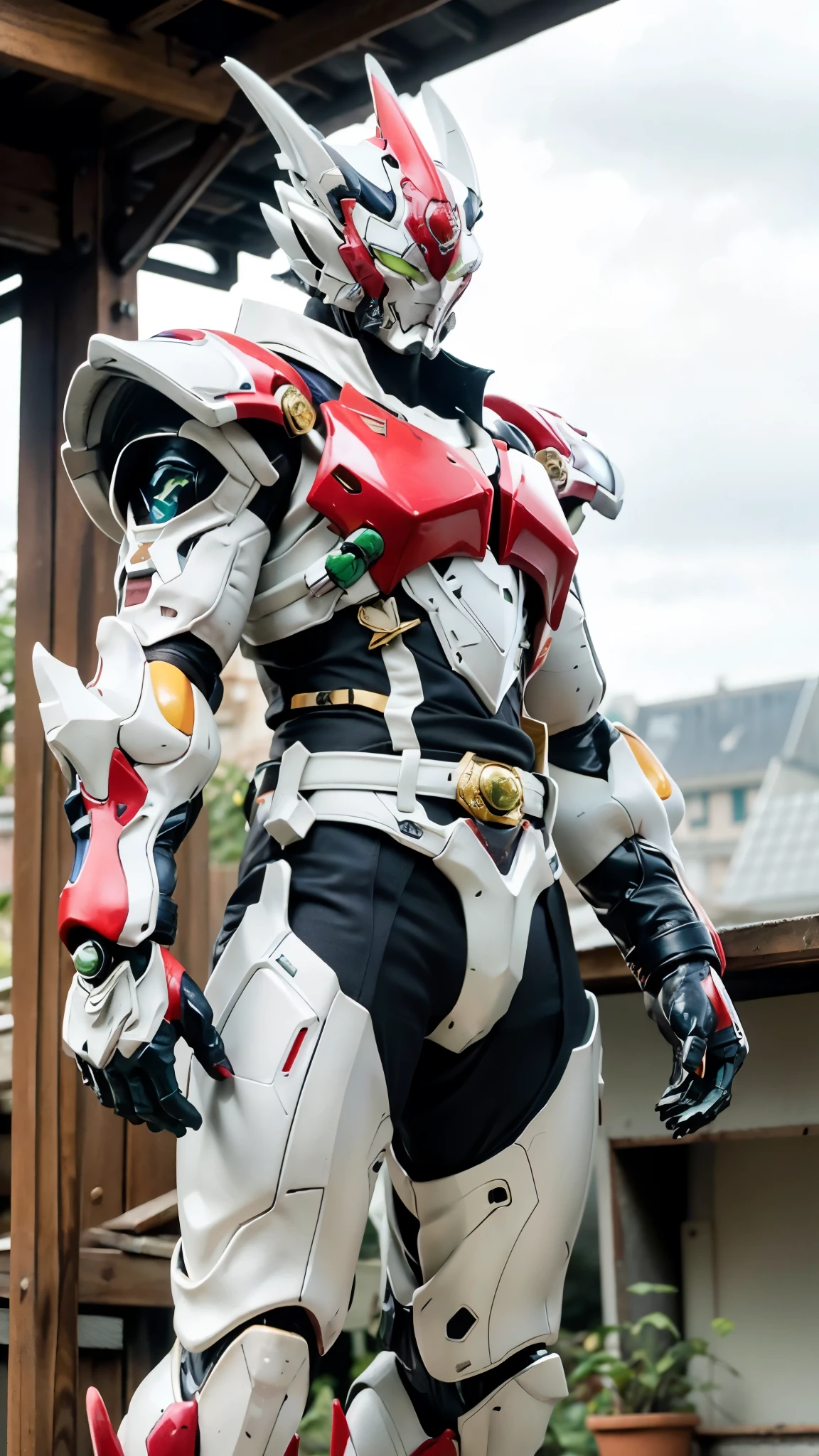 A man wearing a full-face helmet, a fantasy-style biotech armored combat suit, green eyes, (a composite layered chest armor), fully enclosed shoulder guards, matching arm and leg guards, the belt is adorned with fangs biting into gemstone, (the color scheme is primarily white with red and blue accents), the design balances heavy with agility, a high-tech bio-mecha armor, (Armor Concept Inspired by Bat, stand on the top of a skyscraper in a futuristic sci-fi city), this character embodies a finely crafted fantasy-surreal style armored hero in anime style, exquisite and mature manga art style, (battle damage, element, plasma, energy, the armor glows), ((male:1.5)), metallic, real texture material, dramatic, high definition, best quality, highres, ultra-detailed, ultra-fine painting, extremely delicate, professional, perfect body proportions, golden ratio, anatomically correct, symmetrical face, extremely detailed eyes and face, high quality eyes, creativity, RAW p