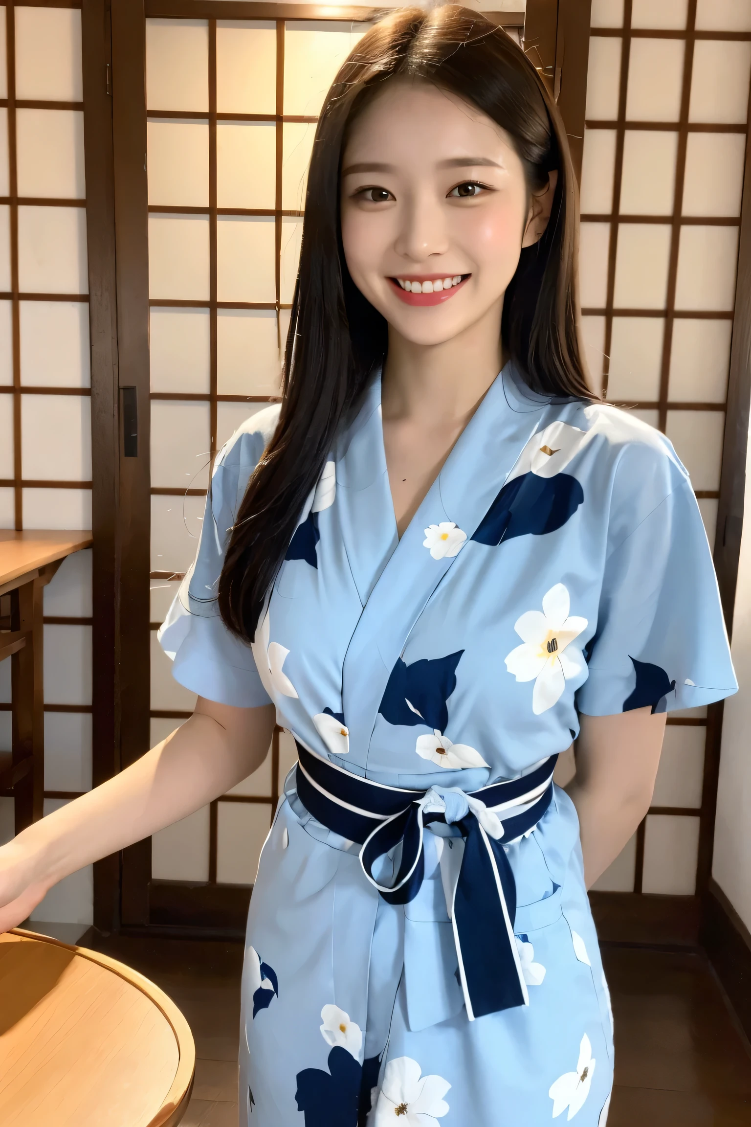 (highest quality, 8k, 32k, masterpiece, Ultra-high resolution: 1.2), 1 girl, Beautiful Japanese Woman, Narrow waist, Beautiful woman with perfect style: 1.4, big: 1.3, Beautiful Face, smile, ryokan, yukata, Table tennis