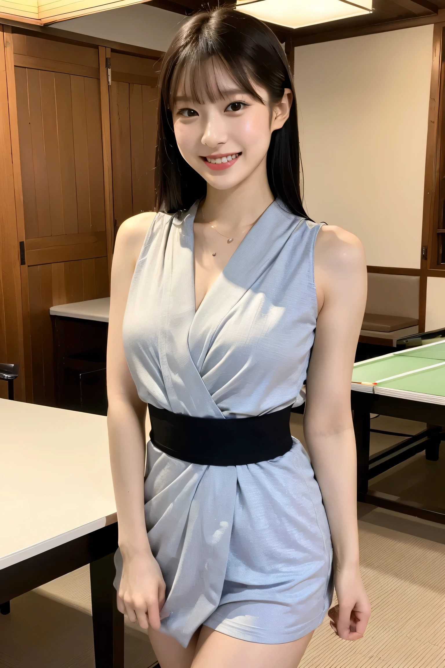 (highest quality, 8k, 32k, masterpiece, Ultra-high resolution: 1.2), 1 girl, Beautiful Japanese Woman, Narrow waist, Beautiful woman with perfect style: 1.4, big: 1.3, Beautiful Face, smile, ryokan, yukata, Table tennis
