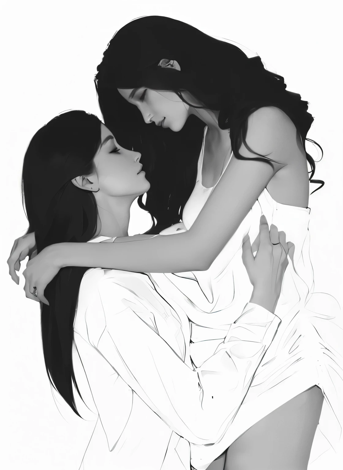 Drawing of a woman hugging a man wearing a white shirt, Charlie Bowater and R.Jem, embrace, in Charlie Bowater style, wipe, concept art of love, In the art form of the pond, Lesbian woman holds another woman.nspired by Charlie Bowater, kiss, Charlie Bowater art style, Charlie Bowater style