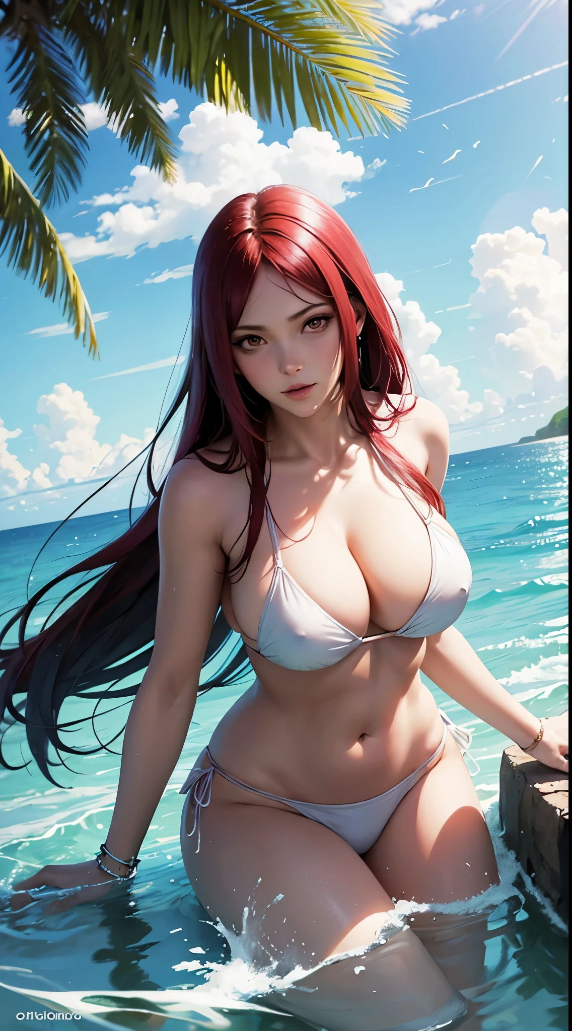 Erza de Fairy Tail (huge tits), Haut du corps, abdos, bikini comme s'ils n'existaient pas, deserted beach, gros seins, gigantesque seins, 4K ultra UHD, mains parfaites, cing doigts, yeux parfaits, bikini dentelle rouge