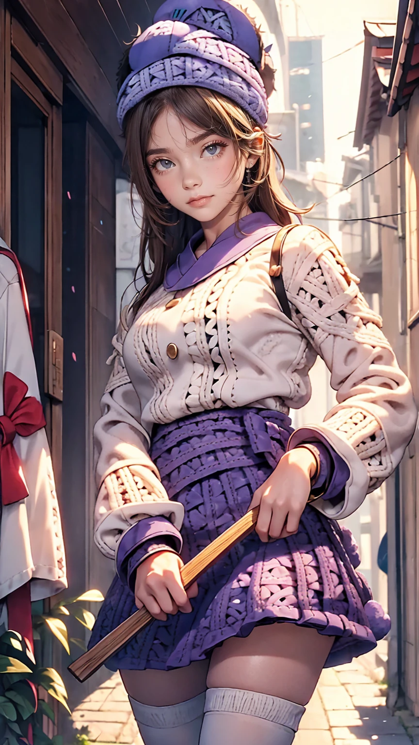 (iwanagadress:1.2), (iwanagakotoko:0.9),(beret:1.8), Kotoko Iwanaga, One girl, beret, black bow, blue skirt, bow, Brown footwear, Cane, dress, hair bow, Have, Holding, Holding Cane, Juliet Sleeve, Light brown hair, Long sleeve, View Viewer, petticoat, Puffy sleeves, Purple eyes, short hair, skirt, alone, Thigh straps, Knee socks, white dress, White Hat, white Knee socks, kyokou suiri