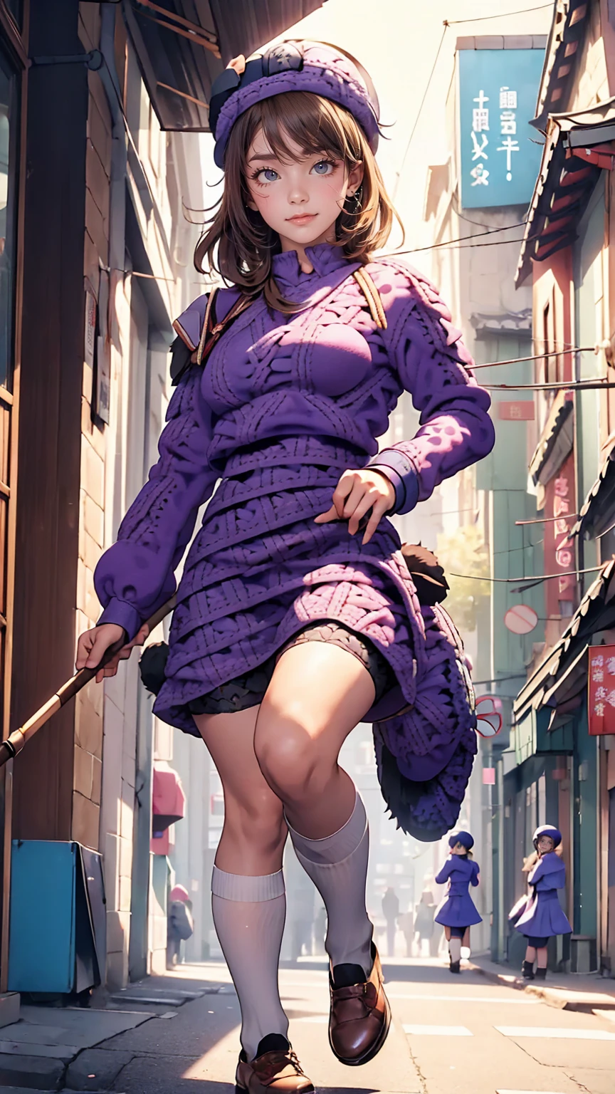 (iwanagadress:1.2), (iwanagakotoko:0.9),(beret:1.8), Kotoko Iwanaga, One girl, beret, black bow, blue skirt, bow, Brown footwear, Cane, dress, hair bow, Have, Holding, Holding Cane, Juliet Sleeve, Light brown hair, Long sleeve, View Viewer, petticoat, Puffy sleeves, Purple eyes, short hair, skirt, alone, Thigh straps, Knee socks, white dress, White Hat, white Knee socks, kyokou suiri