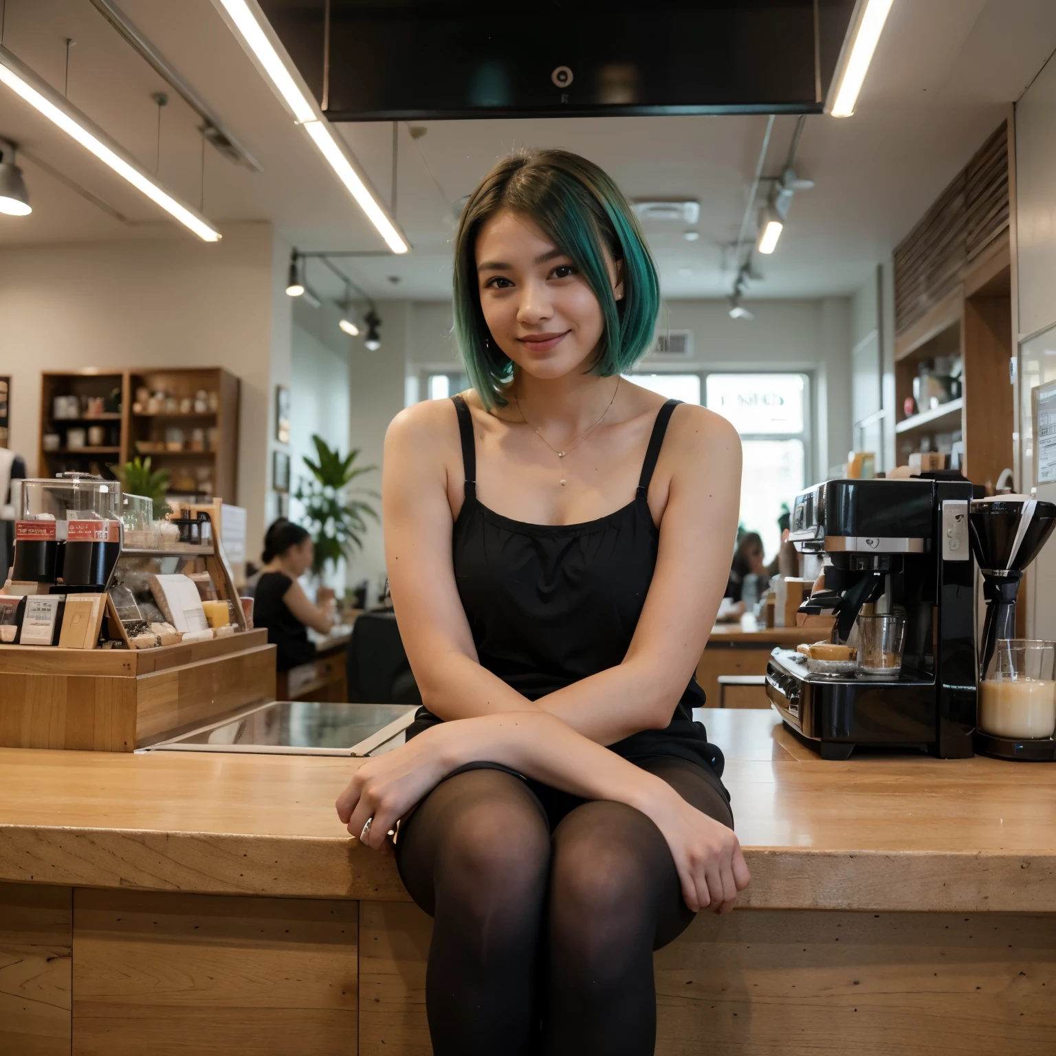 A stunningly cute 26-year-old Asian woman with smooth, glowing skin, short, teal green hair cut in a stylish bob, and sparkling brown eyes. She is sitting in a stylish coffee shop with glass walls, through which a mall is visible. She is wearing a chic outfit that complements her vibrant hair color. Her smile is warm and inviting, exuding youthful energy and charm. The background includes the modern coffee shop interior and the bustling mall outside, creating a lively and dynamic atmosphere.