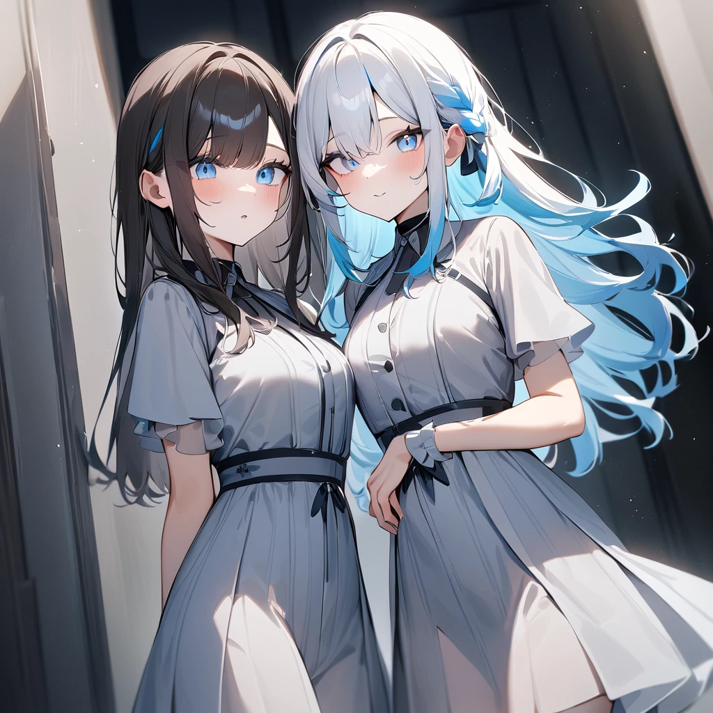 {{2girls}},masterpiece,best quality,very aesthetic,absurdres,cowboy shot,light color,dark color,light hair,dark hair,White hair,light  blue hair,light  blue eyes,Lovely,translucent hair,dark purple eyes,headless,(black hair,one eyes),hair one eyes
