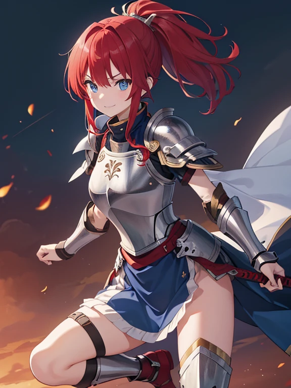 (8k, highest quality, Tabletop:1.2)、Ultra-high resolution、One 16-year-old girl, Perfect Fingers, Detailed face, smile, blue eyes, Red hair, ponytail,Silver armor, Gauntlet, Iron Breastplate, Iron Leg Guards, Desolate Land, carry a sword on one&#39;s waist, Stand with your hands on your hips