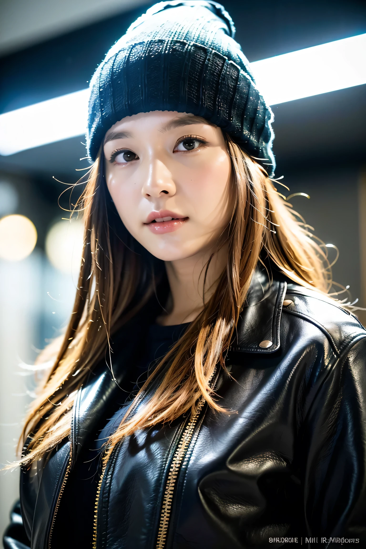 (
(8k:1.27), highest quality, masterpiece, Ultra-high resolution:1.2) Beautiful Japanese women photos
(beautiful:1.1) (Sci-fi warrior woman:1.1) Space Soldier, (Beanie:1.61) (leather jacket:1.21) Complex and elegant, Fantasy, detailed, By Greg Rutkowski and Alfons Mutch『ometric』, Gradient lighting