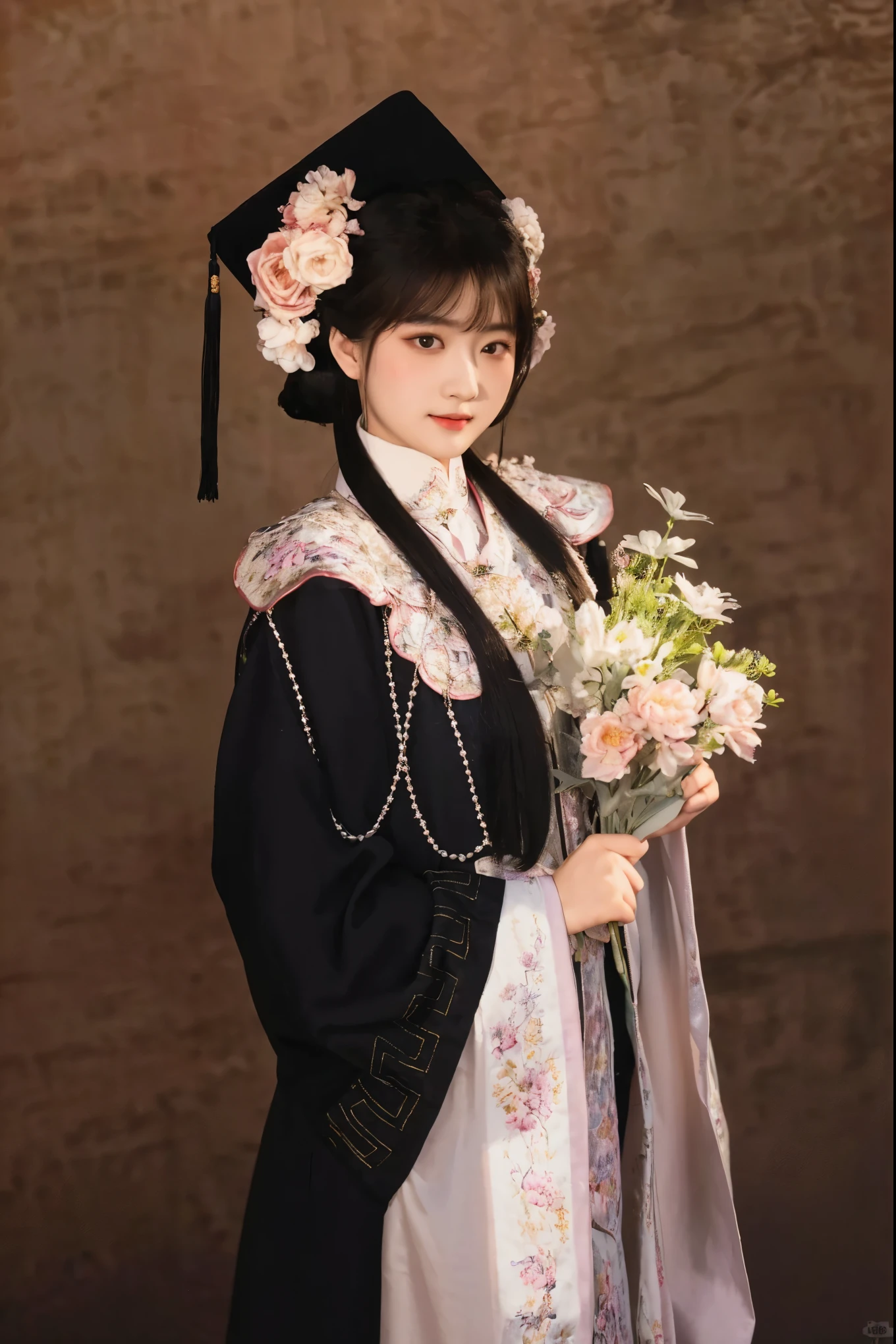 A woman in graduation gown、Close-up of woman holding fan, palace ， a girl in Hanfu, , Hanfu, Wearing Chinese clothes, 穿着Chinese Clothing, Chinese Clothing, Traditional Beauty, white Hanfu, Chinese Princess, Traditional clothing, Traditional clothing