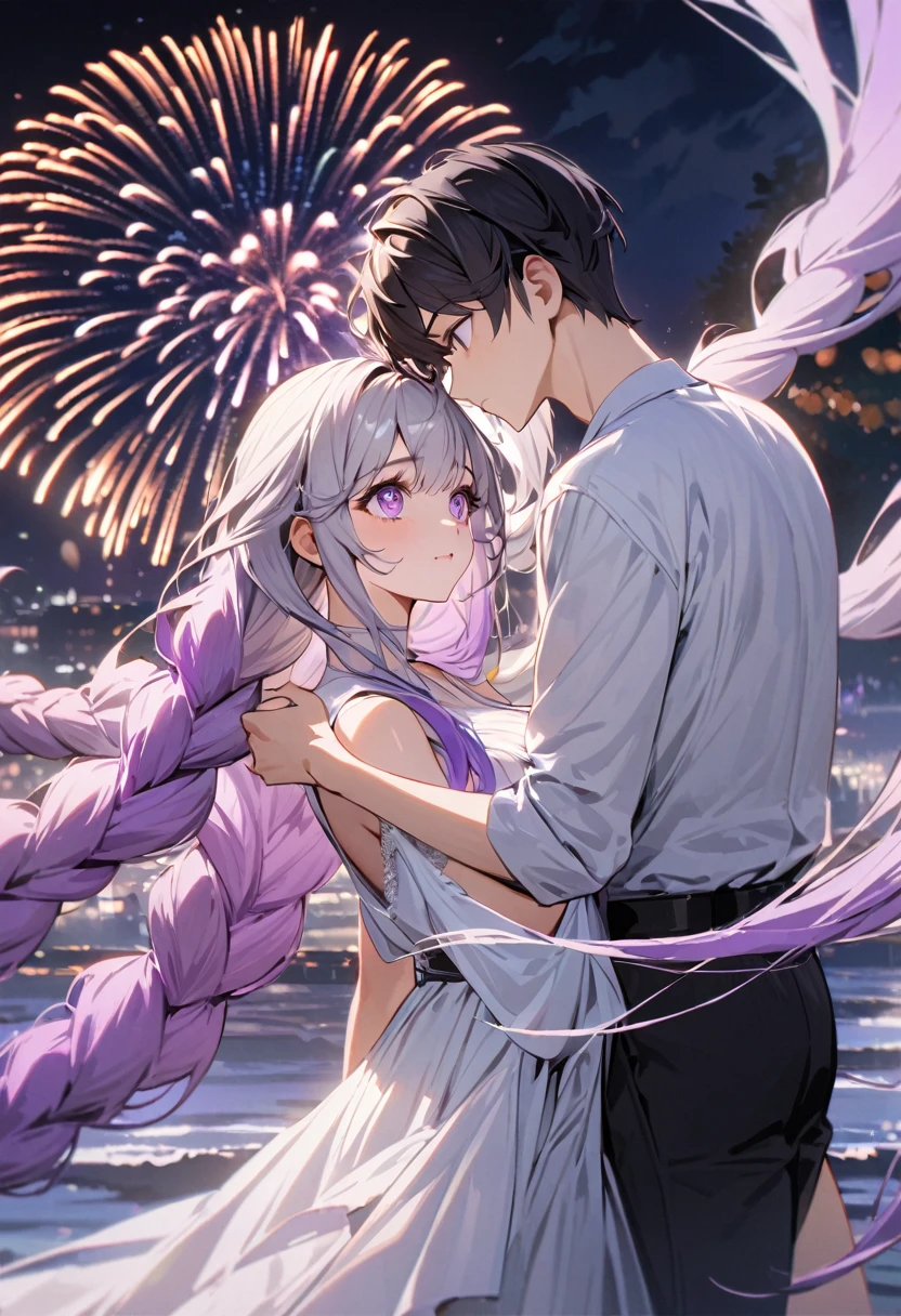 (A couple, beautiful girl and boy), Big watery eyes, Look at each other, purple hair,purple eyes,very long hair,grey hair,double braid,large ,gradient hair,Wearing white clothes, Fine hair, Wear fashionable clothing, Flowing tulle, Light Silk,Fireworks explode overhead, Clean colors, Decisive felling, Blank, Mode, masterpiece, Super detailed, epic work, high quality, Highest quality, 4k