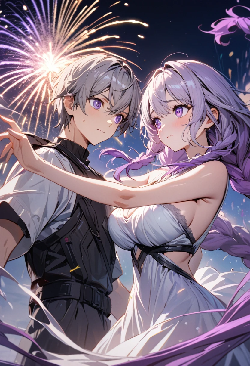 (A couple, beautiful girl and boy), Big watery eyes, Look at each other, purple hair,purple eyes,very long hair,grey hair,double braid,large breasts,gradient hair，Wearing white clothes, Fine hair, Wear fashionable clothing, Flowing tulle, Light Silk,Fireworks explode overhead, Clean colors, Decisive felling, Blank, Mode, masterpiece, Super detailed, epic work, high quality, Highest quality, 4k