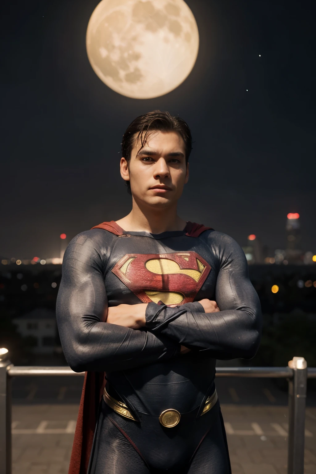 a man wearing Superman suit standing pose, perfect face, realistic 3d caricature, body position is clearly visible, planet near moon bokeh day background, use soft photography, photos with very high detail, best quality