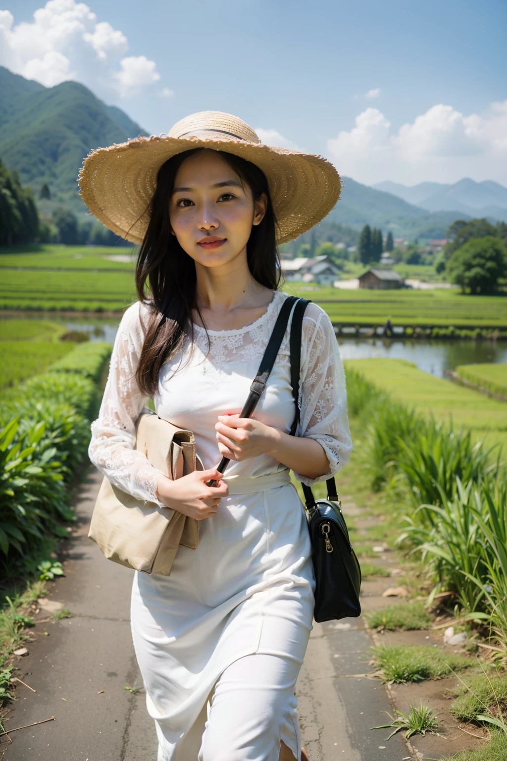 A young woman named Sari, wearing a bright kebaya and carrying a small bag, walks along a lush green rice paddy ridge. The morning sun shines on her face, highlighting her hopeful expression. In the distance, mountains rise against a clear blue sky. A few farmers can be seen working in the rice paddies, adding to the sense of rural life. Sari wears a straw hat to protect herself from the sun. She looks towards the horizon with a mix of excitement and apprehension.