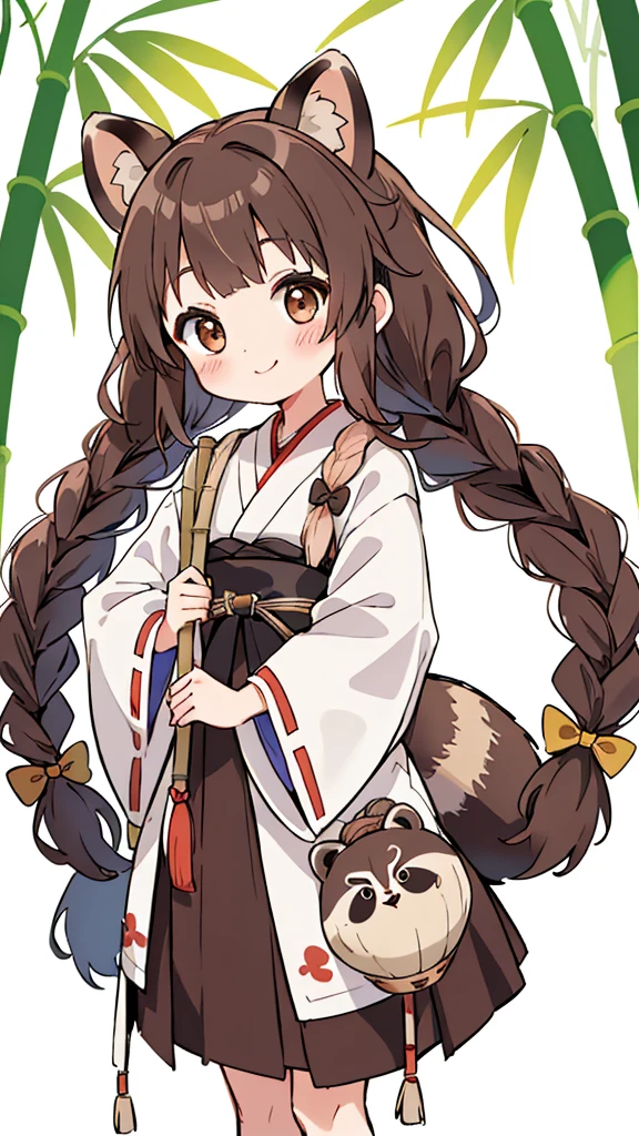 one girls。Cute little girl s。Brown hair。Braids bow。brown raccoon ears。brown raccoon tail。A slight smil。see the beholder。Japan priestess costume。hold a long broom with both hands。The background is a Japanese bamboo forest.。