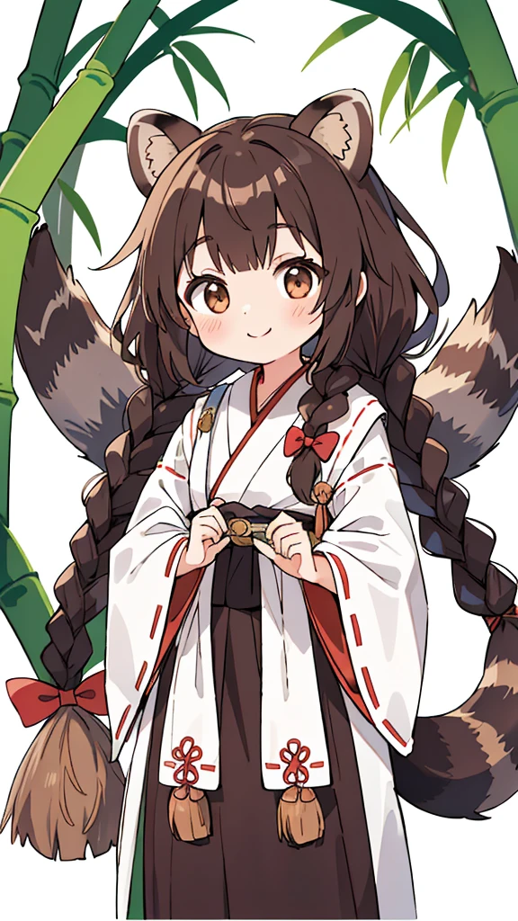 one girls。Cute little girl s。Brown hair。Braids bow。brown raccoon ears。brown raccoon tail。A slight smil。see the beholder。Japan priestess costume。hold a long broom with both hands。The background is a Japanese bamboo forest.。