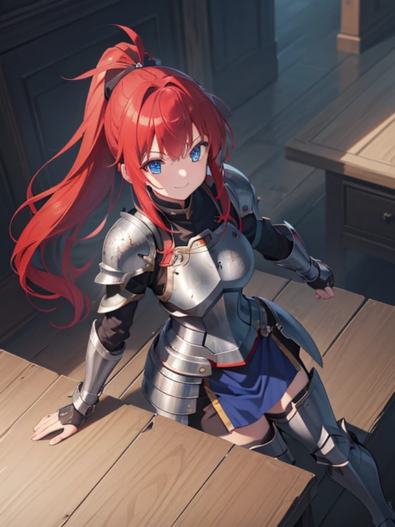 (8k, highest quality, Tabletop:1.2)、Ultra-high resolution、One 16-year-old girl, Perfect Fingers, Detailed face, smile, blue eyes, Red hair, ponytail,Silver armor, Gauntlet, Iron Breastplate, Iron Leg Guards, Desolate Land, carry a sword on one&#39;s waist, Stand with your hands on your hips