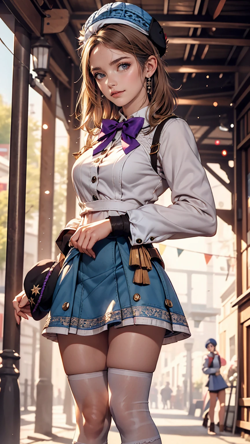 (iwanagadress:1.2), (iwanagakotoko:0.9),(beret:1.8), Kotoko Iwanaga, One girl, beret, black bow, blue skirt, bow, Brown footwear, Cane, dress, hair bow, Have, Holding, Holding Cane, Juliet Sleeve, Light brown hair, Long sleeve, View Viewer, petticoat, Puffy sleeves, Purple eyes, short hair, skirt, alone, Thigh straps, Knee socks, white dress, White Hat, white Knee socks, kyokou suiri