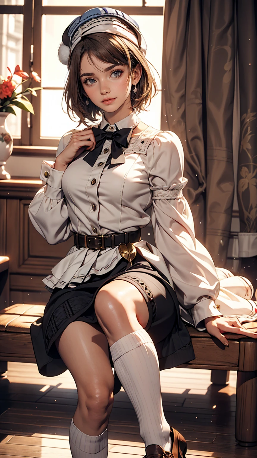 (iwanagadress:1.2), (iwanagakotoko:0.9),(beret:1.8), Kotoko Iwanaga, One girl, beret, black bow, blue skirt, bow, Brown footwear, Cane, dress, hair bow, Have, Holding, Holding Cane, Juliet Sleeve, Light brown hair, Long sleeve, View Viewer, petticoat, Puffy sleeves, Purple eyes, short hair, skirt, alone, Thigh straps, Knee socks, white dress, White Hat, white Knee socks, kyokou suiri