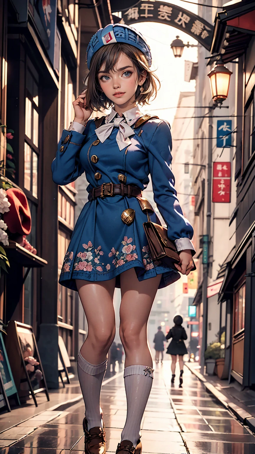 (iwanagadress:1.2), (iwanagakotoko:0.9),(beret:1.8), Kotoko Iwanaga, One girl, beret, black bow, blue skirt, bow, Brown footwear, Cane, dress, hair bow, Have, Holding, Holding Cane, Juliet Sleeve, Light brown hair, Long sleeve, View Viewer, petticoat, Puffy sleeves, Purple eyes, short hair, skirt, alone, Thigh straps, Knee socks, white dress, White Hat, white Knee socks, kyokou suiri