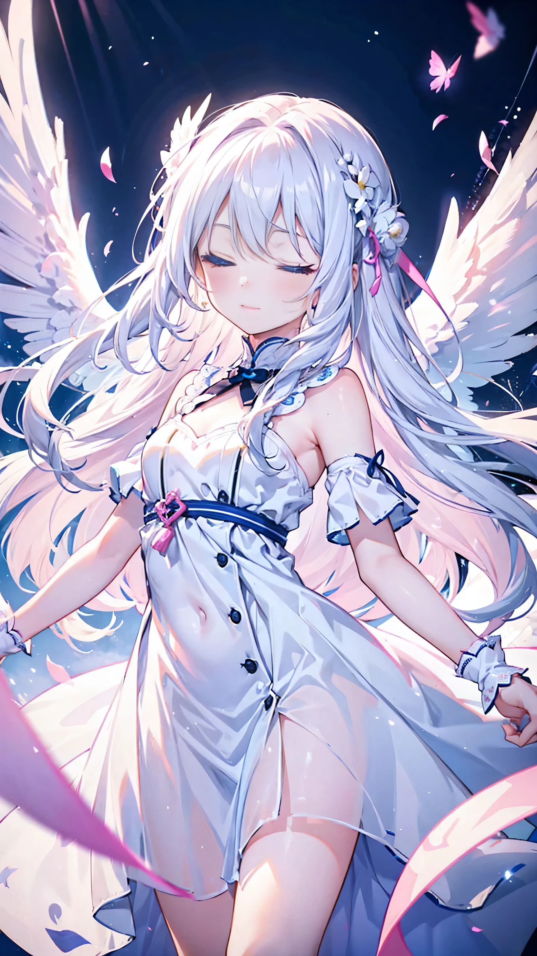 A cute angel girl with long white hair and blue eyes、、body floating in the air、dance、Both eyes closed、happiness、Angel wings on the back、White dress、The background is pink、There&#39;s a lot of light like dandelion fluff