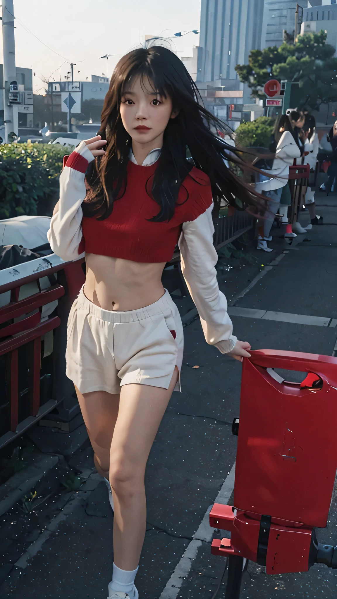 whole body, best quality， ultra high resolution， （In reality：1.4），Bao Yu Girl，1 girl, With long curly hair，looking into the distance，Nedium Chest，Cropped Red Sweater，Atmospheric feeling，Beautiful woman with a slender body:1.4, Abs，ultra fine face，Exquisite eyes，double eyelid,  running shoes
