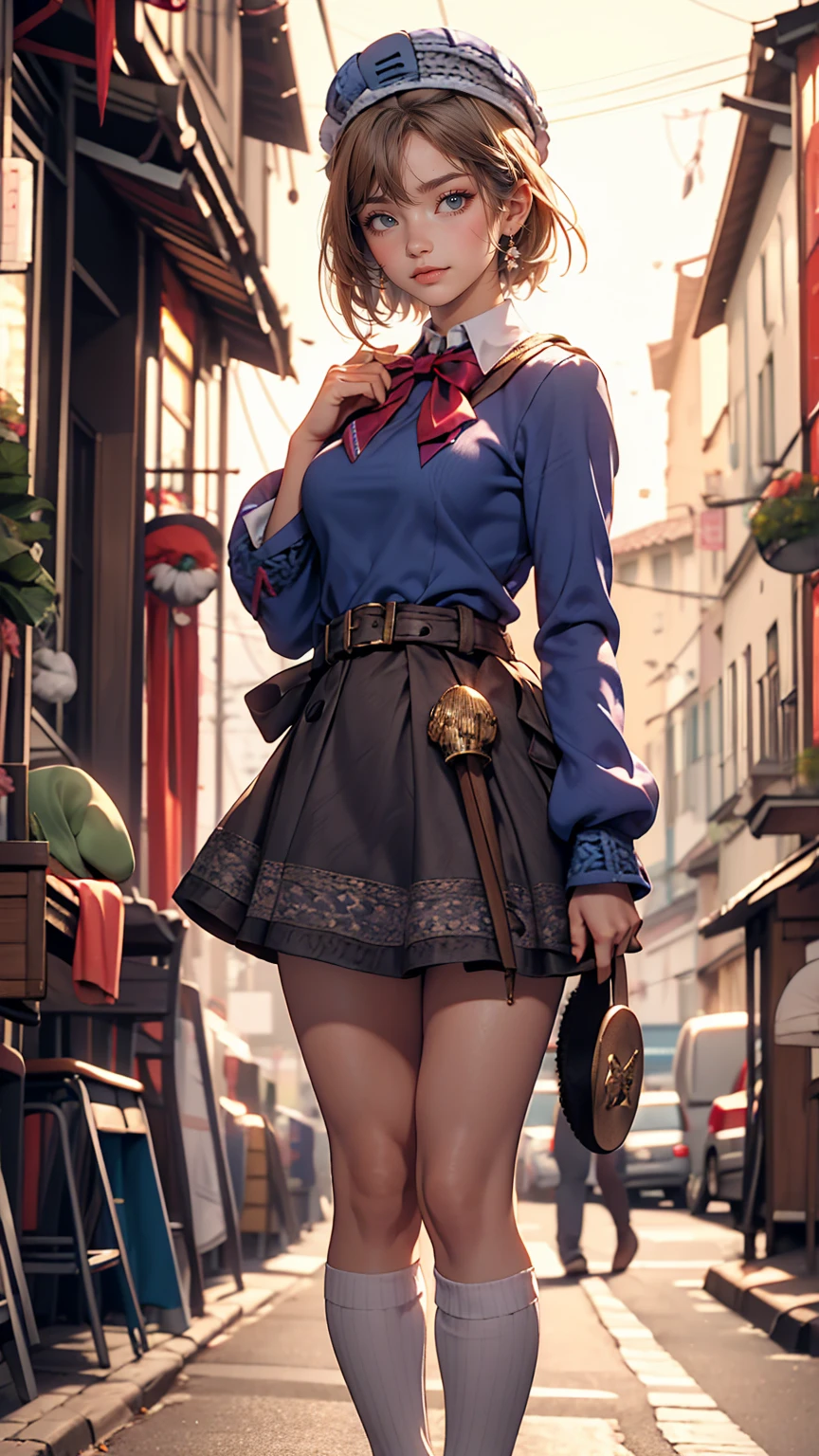 (iwanagadress:1.2), (iwanagakotoko:0.9),(beret:1.8), Kotoko Iwanaga, One girl, beret, black bow, blue skirt, bow, Brown footwear, Cane, dress, hair bow, Have, Holding, Holding Cane, Juliet Sleeve, Light brown hair, Long sleeve, View Viewer, petticoat, Puffy sleeves, Purple eyes, short hair, skirt, alone, Thigh straps, Knee socks, white dress, White Hat, white Knee socks, kyokou suiri