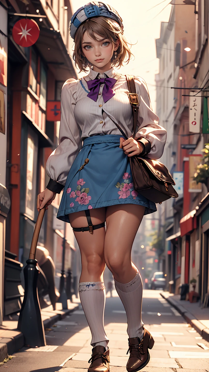 (iwanagadress:1.2), (iwanagakotoko:0.9),(beret:1.8), Kotoko Iwanaga, One girl, beret, black bow, blue skirt, bow, Brown footwear, Cane, dress, hair bow, Have, Holding, Holding Cane, Juliet Sleeve, Light brown hair, Long sleeve, View Viewer, petticoat, Puffy sleeves, Purple eyes, short hair, skirt, alone, Thigh straps, Knee socks, white dress, White Hat, white Knee socks, kyokou suiri