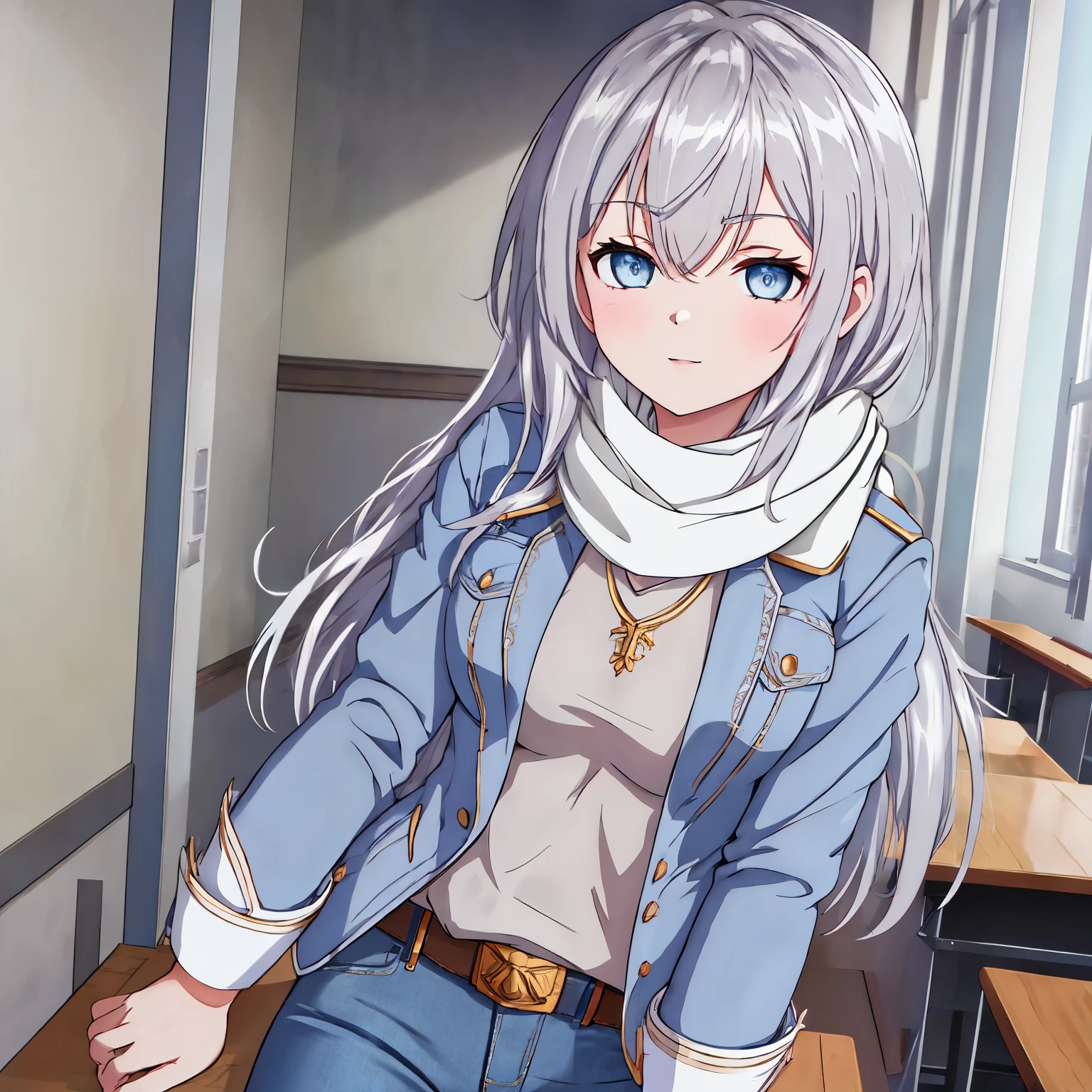 1alisa, solo, front of the body, denim long jeans, blue jacket, white shirt, white scarf, exquisite belt, silver necklace, (masterpiece), (best quality), (extremely intricate)