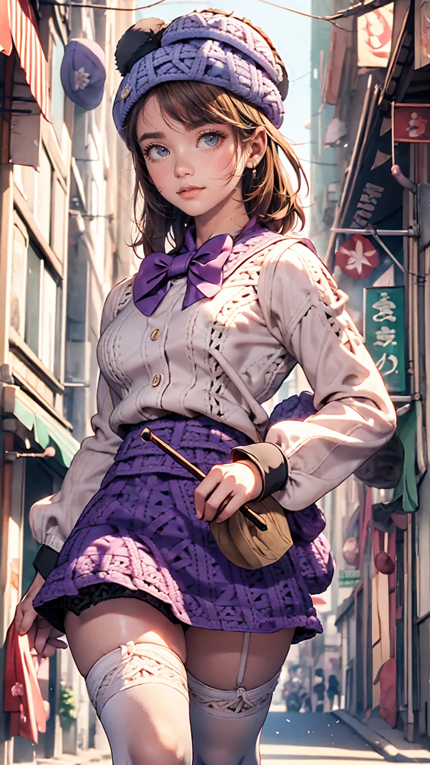 (iwanagadress:1.2), (iwanagakotoko:0.9),(beret:1.8), Kotoko Iwanaga, One girl, beret, black bow, blue skirt, bow, Brown footwear, Cane, dress, hair bow, Have, Holding, Holding Cane, Juliet Sleeve, Light brown hair, Long sleeve, View Viewer, petticoat, Puffy sleeves, Purple eyes, short hair, skirt, alone, Thigh straps, Knee socks, white dress, White Hat, white Knee socks, kyokou suiri