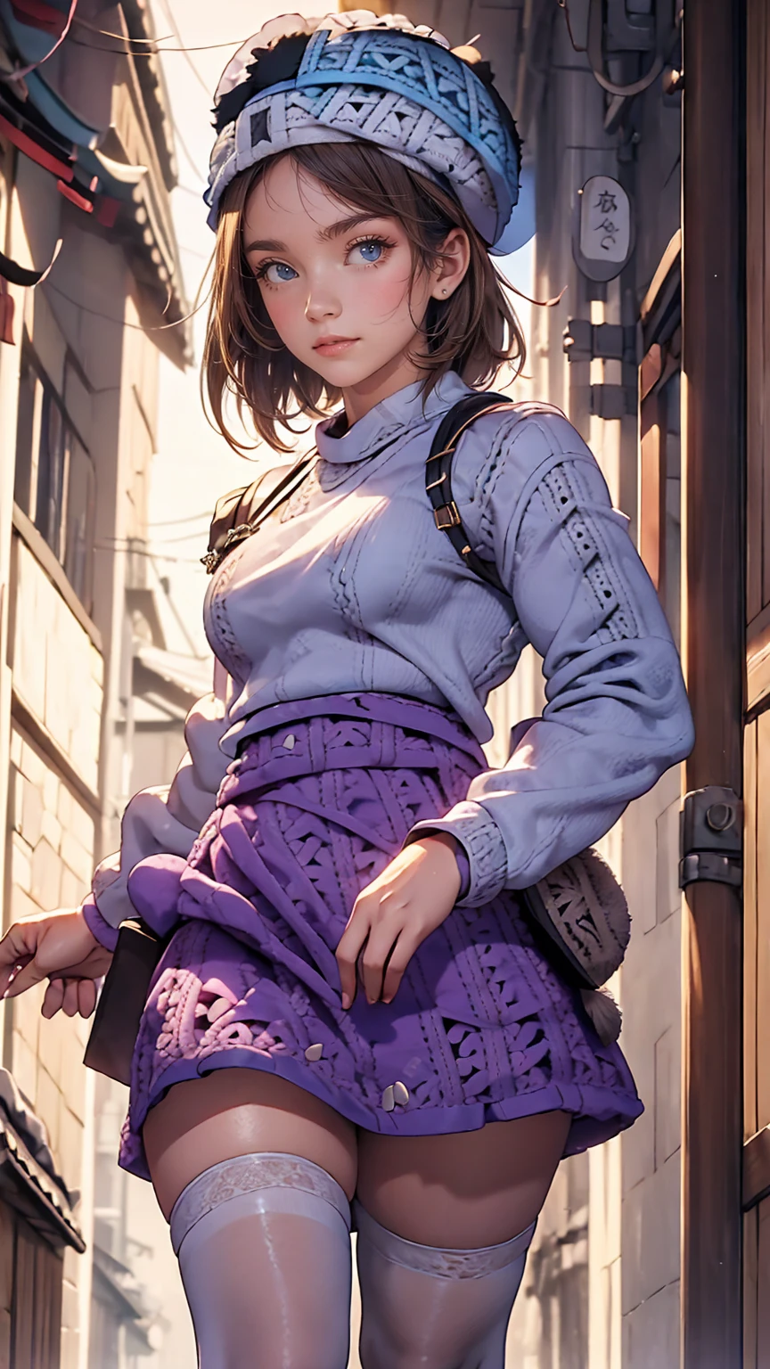 (iwanagadress:1.2), (iwanagakotoko:0.9),(beret:1.8), Kotoko Iwanaga, One girl, beret, black bow, blue skirt, bow, Brown footwear, Cane, dress, hair bow, Have, Holding, Holding Cane, Juliet Sleeve, Light brown hair, Long sleeve, View Viewer, petticoat, Puffy sleeves, Purple eyes, short hair, skirt, alone, Thigh straps, Knee socks, white dress, White Hat, white Knee socks, kyokou suiri
