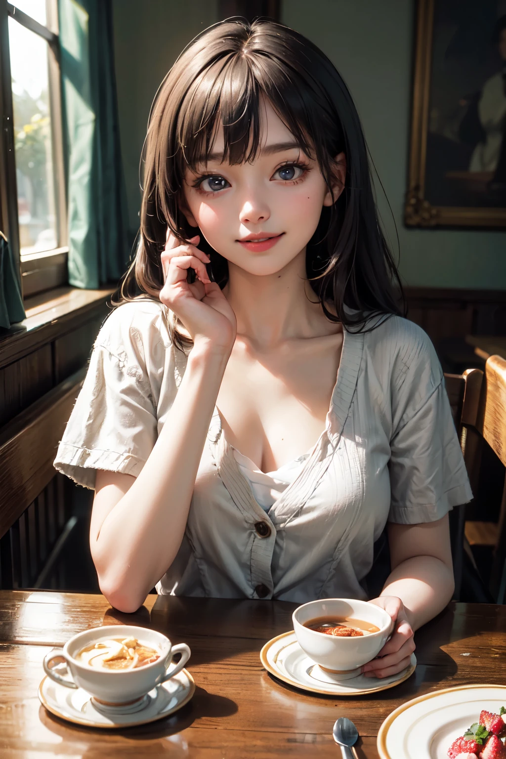very cute and beautiful girl sitting on chair in antique retro restaurant,(highly detailed beautiful face and eyes), white blouse,(smile:1.25),happy,(beige cardigan,short sleeve) BREAK hair ornament,black hair,pleated black mini skirt, cups of tea,(strawberry cakes on plate),distant some persons at table,depth of field, (best quality,masterpiece),absurdres,highres,ultra-detailed,extremely detailed,32k,8k resolution, intricate details,cinematic scene,detailed background,solo,dynamic angle,
