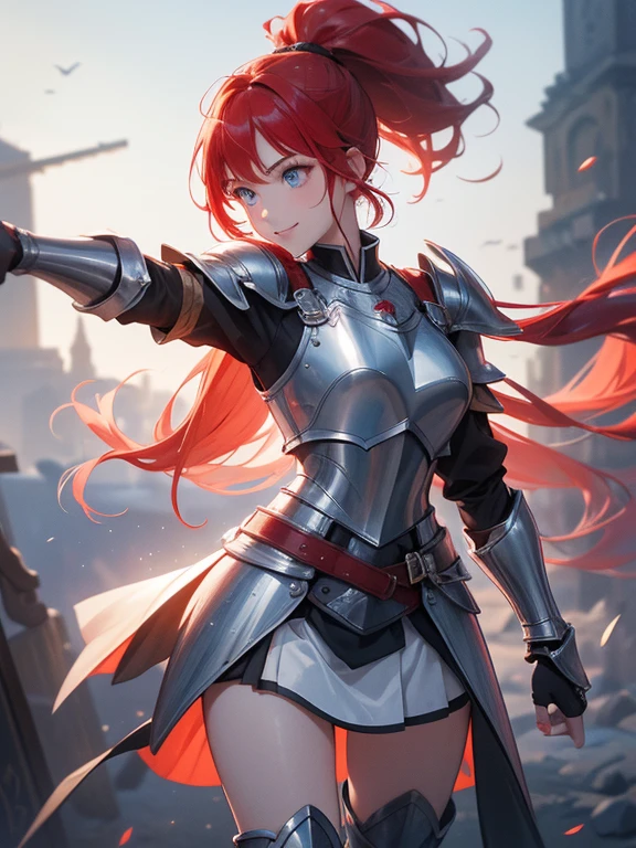 (8k, highest quality, Tabletop:1.2)、Ultra-high resolution、One 16-year-old girl, Perfect Fingers, Detailed face, smile, blue eyes, Red hair, ponytail,Silver armor, Gauntlet, Iron Breastplate, Iron Leg Guards, Desolate Land, carry a sword on one's waist, Stand with your hands on your hips