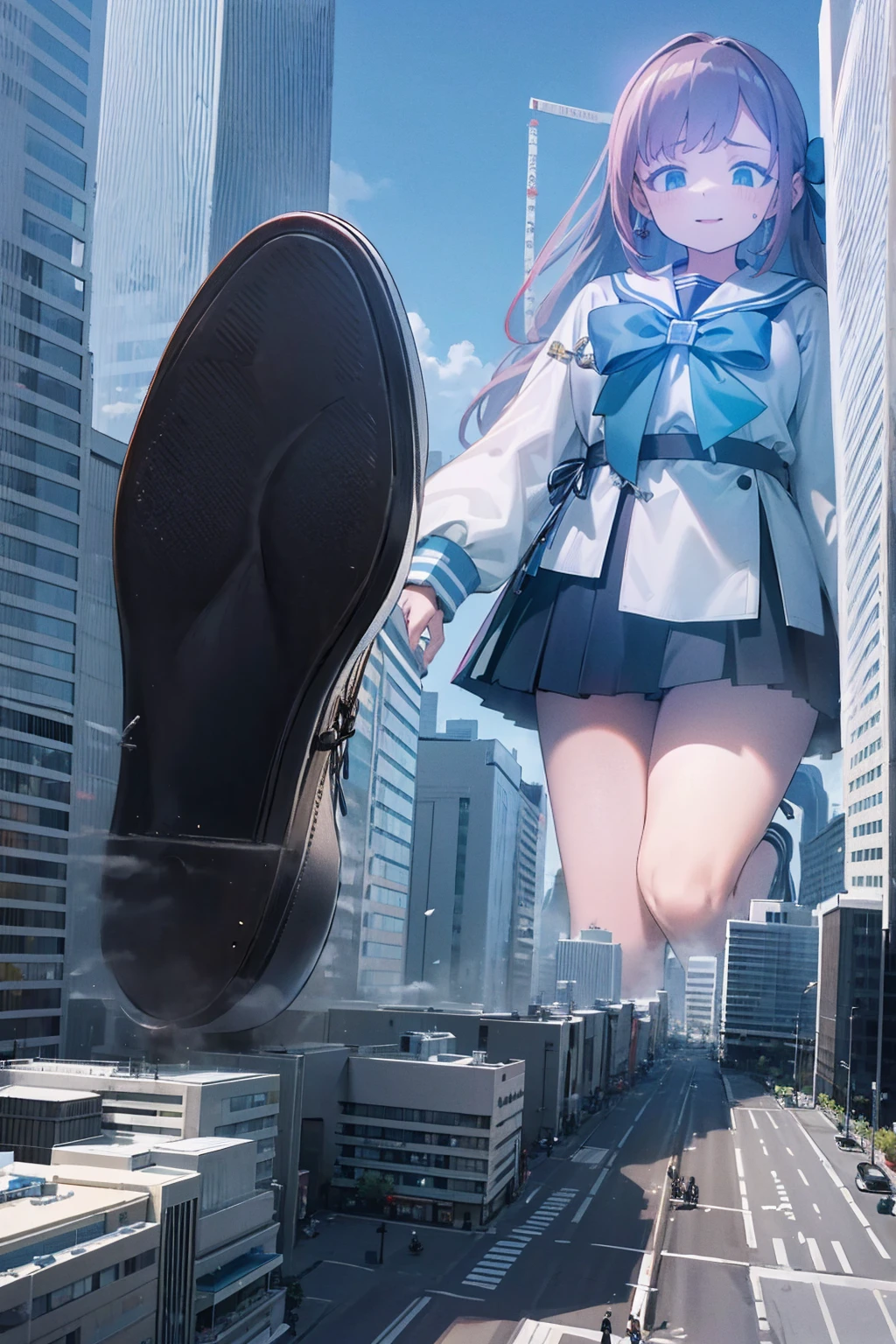 Big girl wearing sneakers,Girl taller than the building,Sailor Suit,Short skirt,White Socks,Girl raising legs high,The soles of socks covered with rubble