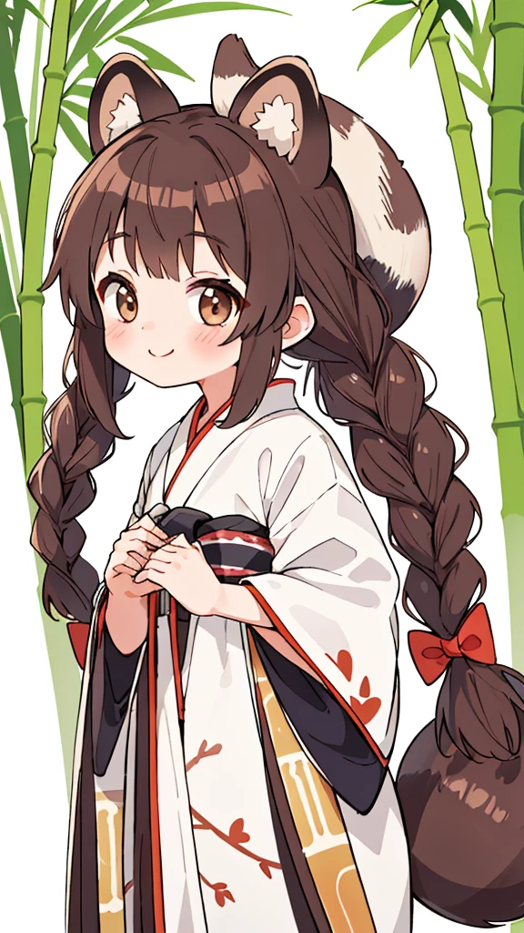 one girls。Cute little girl s。Brown hair。Braids bow。brown raccoon ears。brown raccoon tail。A slight smil。see the beholder。Japan priestess costume。hold a long broom with both hands。The background is a Japanese bamboo forest.。