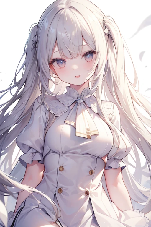 best quality,masterpiece,white background,upper body,Fair skin,blunt bangs,gladient hair,loosen clothing around the neck,look down on,extremely long hair,spreading hair,ivory hair,loafers,wet,,young,girl,open one's mouth,looks away,stick out tongue