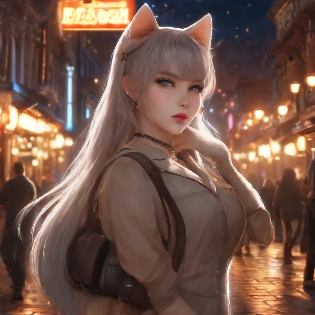 (masterpiece, Best quality, ultra detailed:1.3), perfect composition, 4K, (extremely detailed, hyper detailed), soft lighting, RAW, HDR, 8k textures, extreme detail, highly detailed skin texture, Epic details, high sharpness, 1 Girl, (Detailed eyes:1.3), (18 year old girl:1.3), (skinny), (big breasts), Small, to the streets, on the audience, night street, Night light, neon lights, anime, illustration, with cat ears and cat eyes, tail in a short dress 