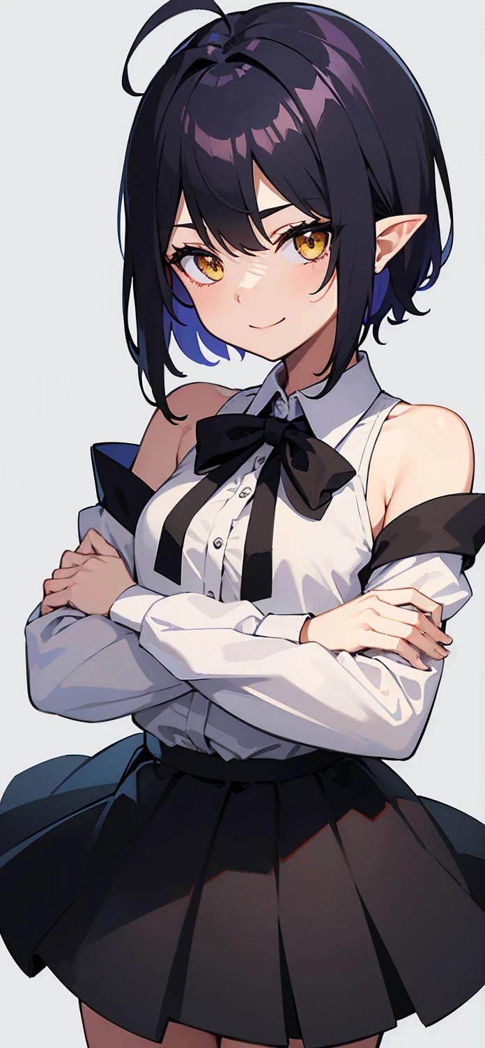 whole body, upright, front, shoes, One Woman, Black hair mixed with purple, Short hair to the shoulders, Hair between the eyes, Ahoge, Yellow Eyes, Pointy Ears, Bartender's clothes, Tight white shirt with bow tie, tight black skirt, Place your arms at your sides, smile, なsmile, masterpiece, high quality, whole body, shoesを履いている, frontを向いている, Are standing,Simple white background, View your audience