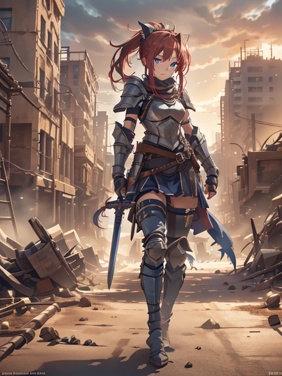 (8k, highest quality, Tabletop:1.2)、Ultra-high resolution、One 16-year-old girl, Perfect Fingers, Detailed face, smile, blue eyes, Red hair, ponytail,Silver armor, Gauntlet, Iron Breastplate, Iron Leg Guards, In the ruined city, sword on waist, Stand with your hands on your hips