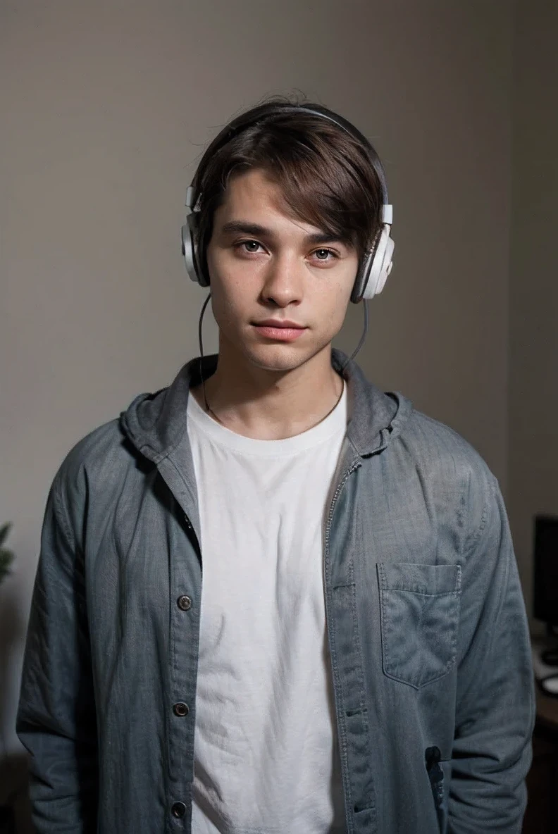 Him face should be fair and him eyes should have a treangel shape face and he should be wearing a pair of headphones on him head, he should have a light wall in the background and him clothes should have a wonderful look.