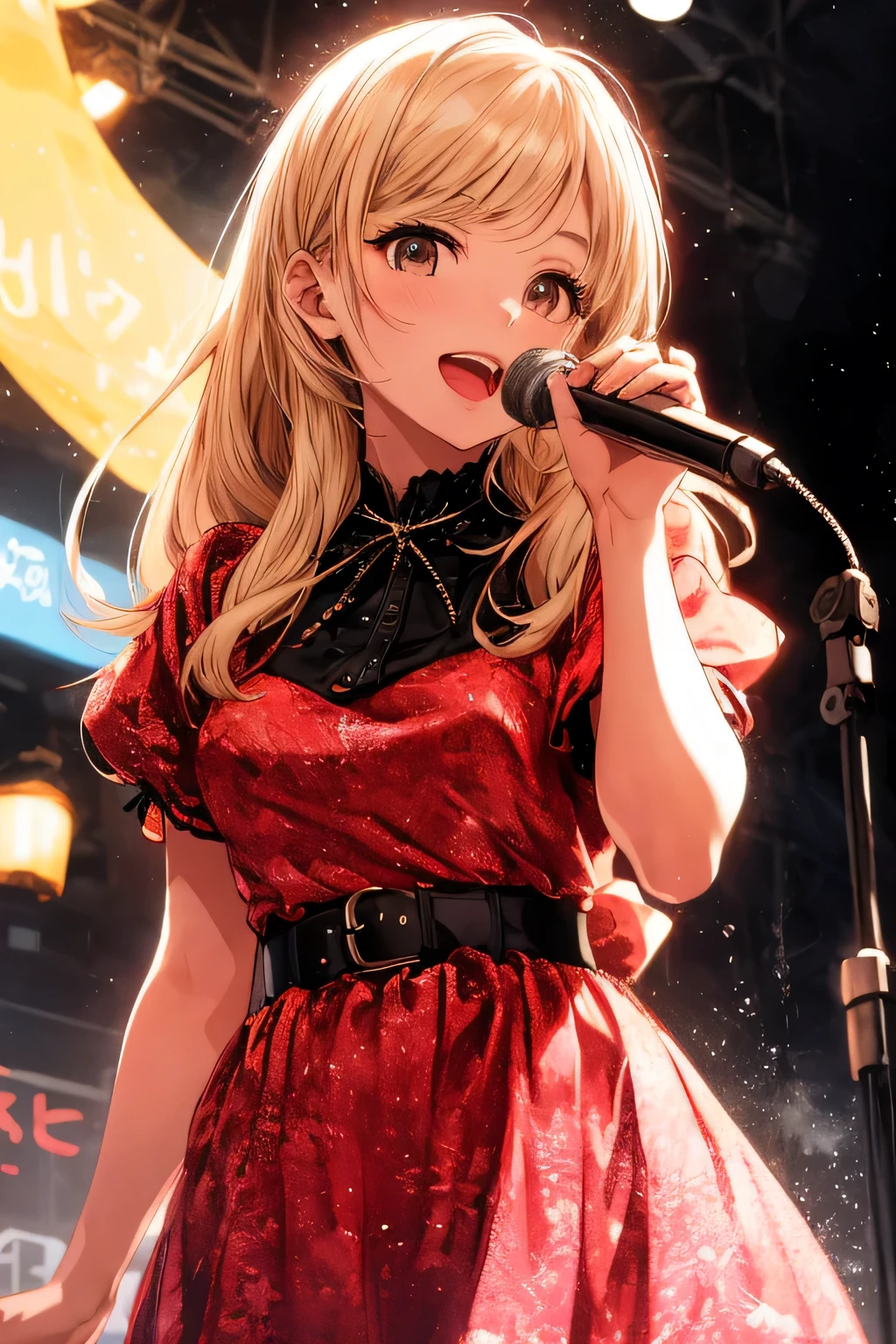 A extremely pretty and beautiful K-pop female idol, singing at live stage in ゴンドラ,
BREAK,
Close-up of face, singing scene, dress scene, looking the viewer,
BREAK,
Represent idol in bright colors, Represent idol dress in colorful colors, Represent idol's singing voice in warm colors