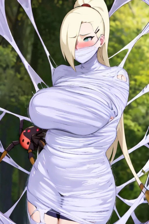 masterpiece, best quality, 1 girl, solo, looking at viewer, Yamanaka ino, length hair, floating hair,  blonde hair, breasts out, (arms behind back:1.4), hanging,spiders in the web,long spider, desperate，struggle, entangled, embarassed face, despair,cocoon, screaming, outdoor, blushing face, (spider touching her), (touching hair), (pov spider pulling hair)