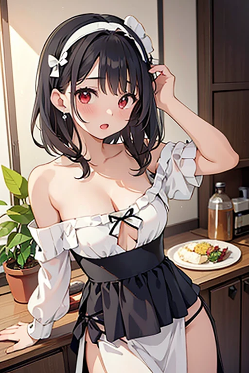 masterpiece, yor, 1girl, Bust A Cup, Amazing Cleavage:1.0, thin waist, big ass, Raised sexy, small breast: 1.2 posed cleavage:1.2、solo, looking at viewer, open mouth, have a cute grass of cute beergrass,black hair, red eyes, dress, bare shoulders, jewelry, collarbone, sidelocks, hairband, earrings, indoors, off shoulder, :o, sweater, arms behind back, plant, short hair with long locks, white hairband, off-shoulder dress, sweater dress, off-shoulder sweater, red sweater, big side hair, very long side hair,is rendered in (masterpiece: 1.2, best quality), with (ultra high resolution) and an exquisite (depth of field). This masterpiece is not only visually stunning but also tells,A scene of cooking in the kitchen
