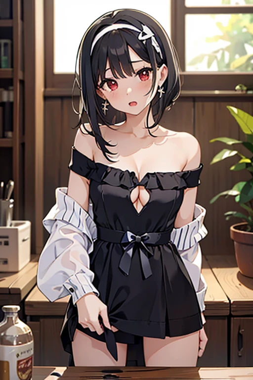 masterpiece, yor, 1girl, Bust A Cup, Amazing Cleavage:1.0, thin waist, big ass, Raised sexy, small breast: 1.2 posed cleavage:1.2、solo, looking at viewer, open mouth, have a cute grass of cute beergrass,black hair, red eyes, dress, bare shoulders, jewelry, collarbone, sidelocks, hairband, earrings, indoors, off shoulder, :o, sweater, arms behind back, plant, short hair with long locks, white hairband, off-shoulder dress, sweater dress, off-shoulder sweater, red sweater, big side hair, very long side hair,is rendered in (masterpiece: 1.2, best quality), with (ultra high resolution) and an exquisite (depth of field). This masterpiece is not only visually stunning but also tells,A scene of cooking in the kitchen
