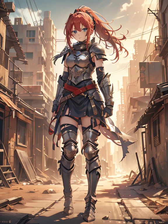 (8k, highest quality, Tabletop:1.2)、Ultra-high resolution、One ****************, Perfect Fingers, Detailed face, smile, blue eyes, Red hair, ponytail,Silver armor, Gauntlet, Iron Breastplate, Iron Leg Guards, In the ruined city, sword on waist, Stand with your hands on your hips