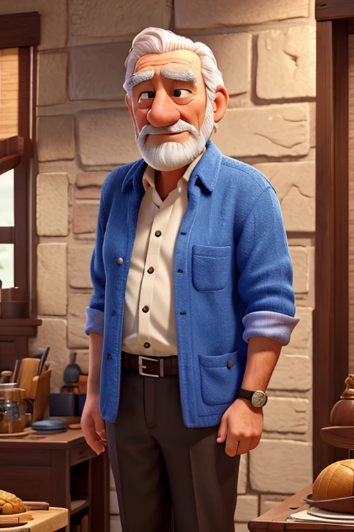 ((best quality) The scene shows a charming, gray-haired man holding a decorated birthday cake. The atmosphere is happy and magical, com um toque estilo Disney Pixar), ((master part)), (circunstanciado), rosto perfeito