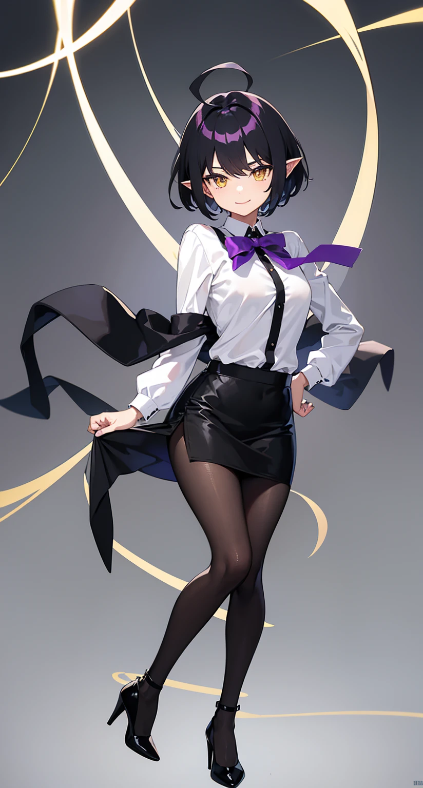 whole body, upright, front, shoes, One Woman, Black hair mixed with purple, Short hair to the shoulders, Hair between the eyes, Ahoge, Yellow Eyes, Pointy Ears, Bartender's clothes, Tight white shirt with bow tie, tight black skirt, pantyhose, Place your arms at your sides, smile, なsmile, masterpiece, high quality, whole body, Wearing stiletto heels, frontを向いている, Are standing,Simple white background, View your audience